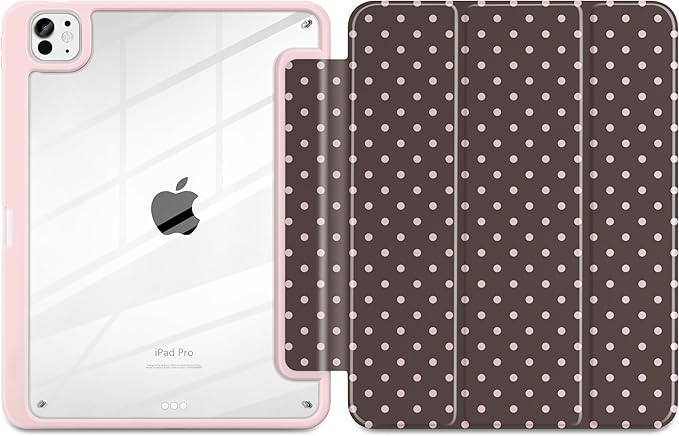 TWOLSKOO Case for iPad Pro 11-inch (M5 2025 / M4 2024), Clear Acrylic Back with TPU Bumper, Pencil Holder, Trifold Stand, Auto Sleep/Wake, Chocolate Polka Dot