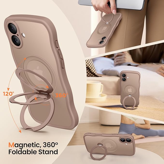 CAPRARO for iPhone 16 Plus Case with 360° Spin Magnetic Stand for Women, [Compatible with MagSafe] [Full Camera Protection] Cute Wave Translucent Matte Case for iPhone 16 Plus, Brown