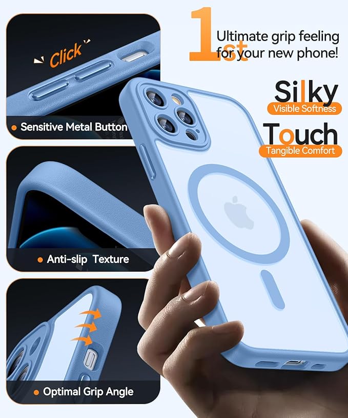 CANSHN Magnetic Compatible with iPhone 12 Pro Case, Upgraded [Full Camera Protection] [Compatible with Magsafe] [Translucent Matte] Shockproof Protective Phone Cover 6.1 Inch - Light Blue