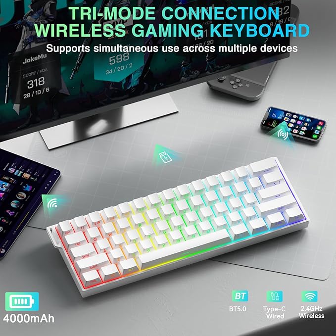 Aula MINI60 HE PRO Wireless Gaming Keyboard 60%,Hall Effect Rapid Trigger Magnetic Keyboard,8000Hz Polling,Tri-Mode(BT5.0/2.4GHz/USB-C),RGB Hot Swappable Compact Mechanical Keyboard for Gamer(White)