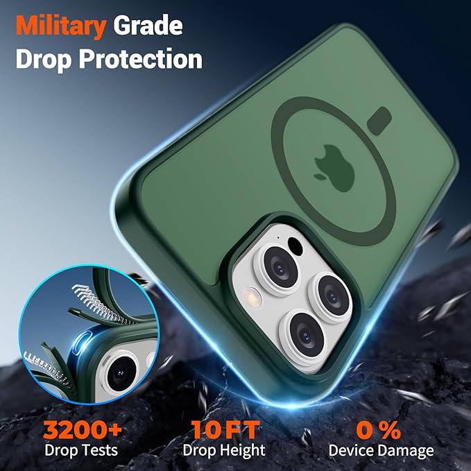 SUPFINE Magnetic for iPhone 15 Pro Max Case (Compatible with MagSafe) (Military Grade Drop Protection) Slim Translucent Matte Shockproof with Anti-Fingerprint Phone Case, Forest Green