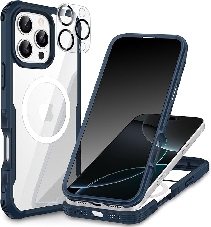 CENHUFO Magnetic Privacy for iPhone 16 Pro Case [Compatible with Magsafe] Full Body Phone Case Built-in 9H Tempered Glass Privacy Screen Protector and Camera Lens Cover, Shockproof Bumper - Blue