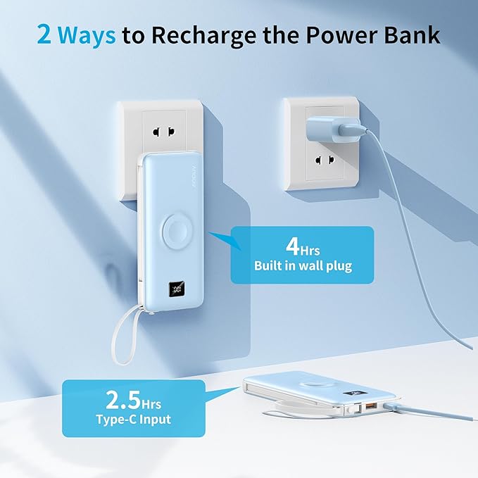 Portable Charger Built-in Cables, AC Wall Plug and Magnetic Wireless iWatch Charger, 10000mAh 22.5W PD Fast Charging Power Bank, Compact Battery Pack Travel Essentials for iPhone/Samsung/Apple Watch