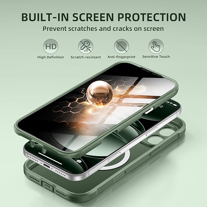 BERFY for iPhone 17 Pro Max Case, Compatible with MagSafe, Built-in Privacy Screen Protector, Camera Protection, Shockproof Full Body Phone Case 6.9", Translucent Deep Green