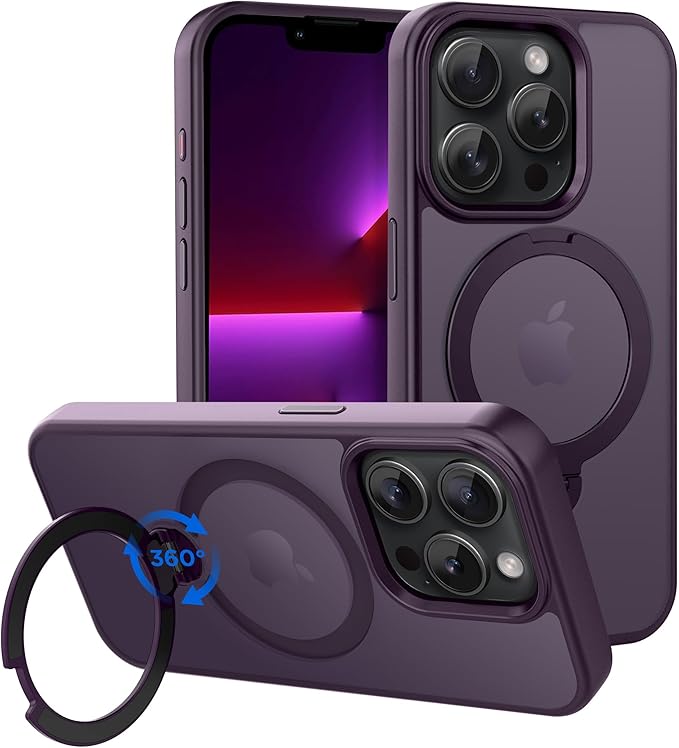 CACOE Magnetic Case for iPhone 13 Pro 6.1 inch with 360 Rotatable Ring Stand, Compatible with MagSafe Car Phone Mount, Cover Phone Holder for Desk Meeting/Videos（Dark Purple）