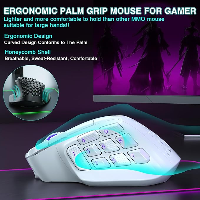 SOLAKAKA SM809 Pro MMO Gaming Mouse with 9 Side Buttons,24000 DPI RGB Mouse for Gamer,16 Programmable Macros MMO Mouse,White