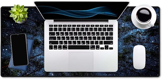 SSOIU The Milky Way and The Trees Mouse Pad 35.5 X 15.7 Inch XXL Night Sky Full Desk Mousepad Extended Large Non-Slip Rubber Base Waterproof Big Keyboard Mat with Stitched Edges for Gaming and Office
