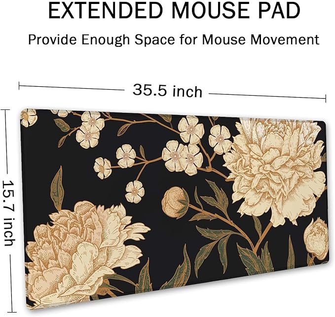 SSOIU White Peony Desk Pad, Beige Desk Protector, Green Desk Blotter, Floral Keyboard Mat, Extended Gaming Mouse Pad (35.5x15.7 in), Large Non-Slip Rubber Base Mousepad with Stitched Edges