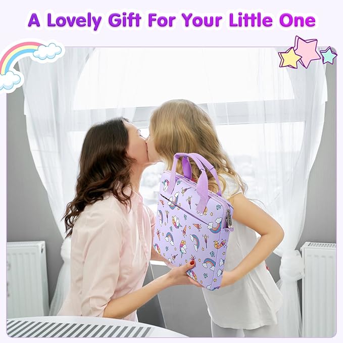 MoKo 10-12.5 Inch Kids Tablet Sleeve Carrying Case for Fire HD 10 13th/11th Gen, Fire HD 8/7 Kids 2022, Tablet Bag with Shoulder Strap for 10/10.1 Inch Android 12/13, Rainbow & Unicorn (Lilac)