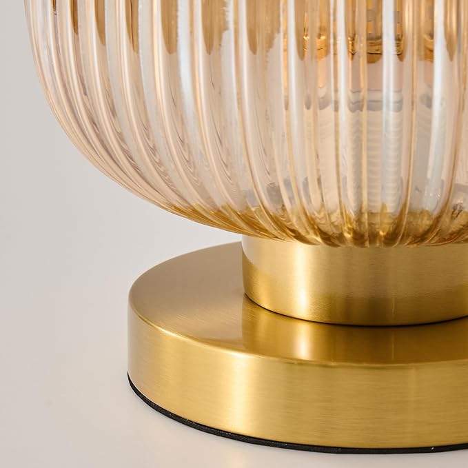 Mid Century Globe Table Lamp: Amber Vintage Pumpkin Ribbed Glass Dimmable Plug in Bedside Lamps - Cute Brass Gold Modern Side Table Lamp Nightstand Light for Bedroom Entryway Office Desk Living Room