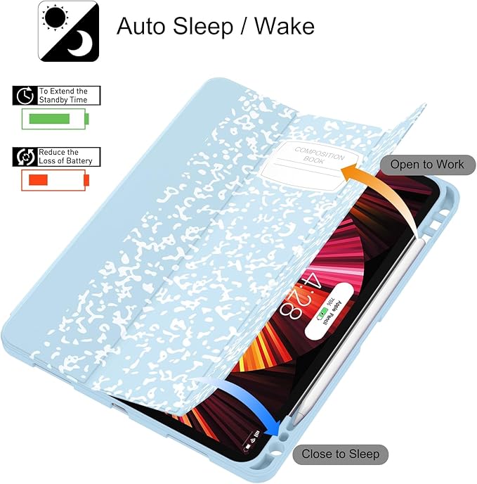 Soke for iPad Pro 11 Case (M2) 2022/2021/2020 with Pencil Holder - [Full Body Protection + Apple Pencil Charging + Auto Wake/Sleep], Soft TPU Back Cover for 2022 iPad Pro 11 inch(Book Ice Blue)