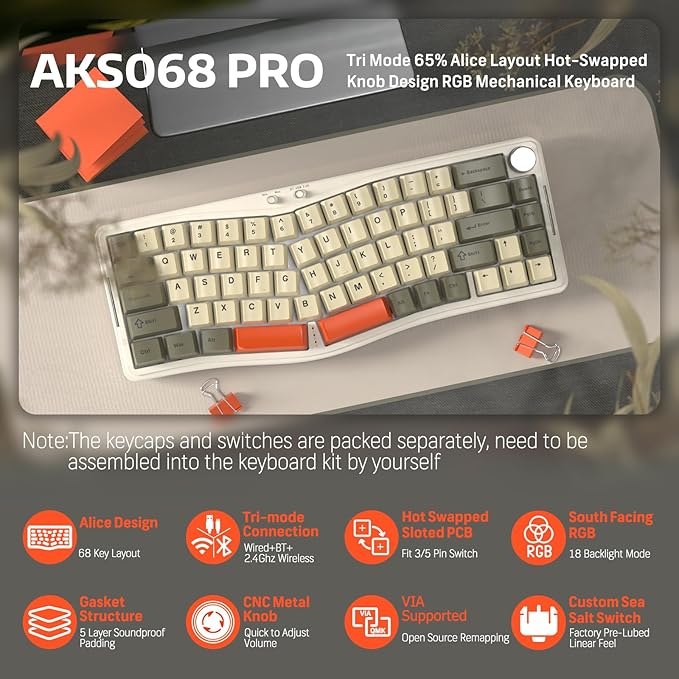 ATTACK SHARK AKS068PRO Wireless Mechanical Gaming Keyboard 65% Alice Layout Hot-swap Gasket with Wired/BT5.1/2.4Ghz RGB Backlit VIA Programmable Knob 3000mAh Battery Sea Salt Switch for Win/Mac(Gray)