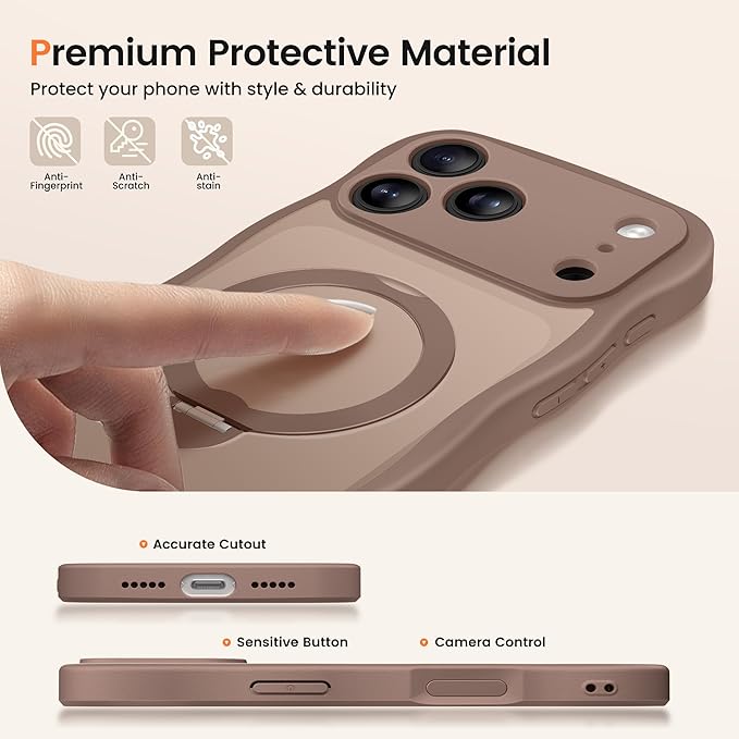CAPRARO for iPhone 17 Pro Case with 360° Spin Magnetic Stand for Women, [Compatible with MagSafe] [Full Camera Protection] Cute Wave Translucent Matte Case for iPhone 17 Pro, Brown
