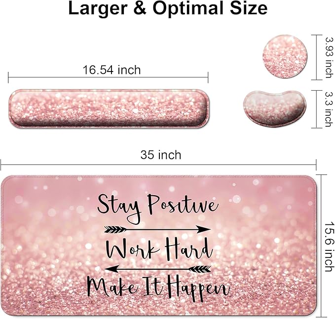 Keyboard Wrist Rest + Mouse Pad with Wrist Support + Desk Mat + Coaster 4 in 1 Set, XXL Large Gaming Mousepad Cute Ergonomic Mouse Pads for Desk Computer Laptop Office Decor-Pink Words