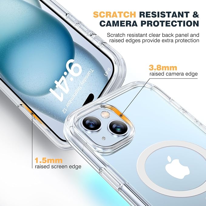 Diaclara Designed for iPhone 15 Plus Case 6.7'', [Compatible with MagSafe] Full Body Rugged Magnetic Case w/Built-in Screen Protector+Glass Camera Lens Protector,Clear-Magnetic
