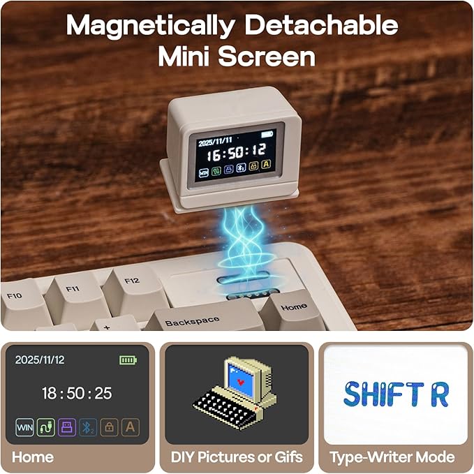 EPOMAKER RT82 Wireless Mechanical Keyboard with Screen, VIA Custom, 2.4GHz/USB-C/BT5.0, RGB Backlit, Gasket, 5-Paddings, PBT Keycaps, Hot-Swap Retro Gaming Keyboard (Sea Salt Silent)