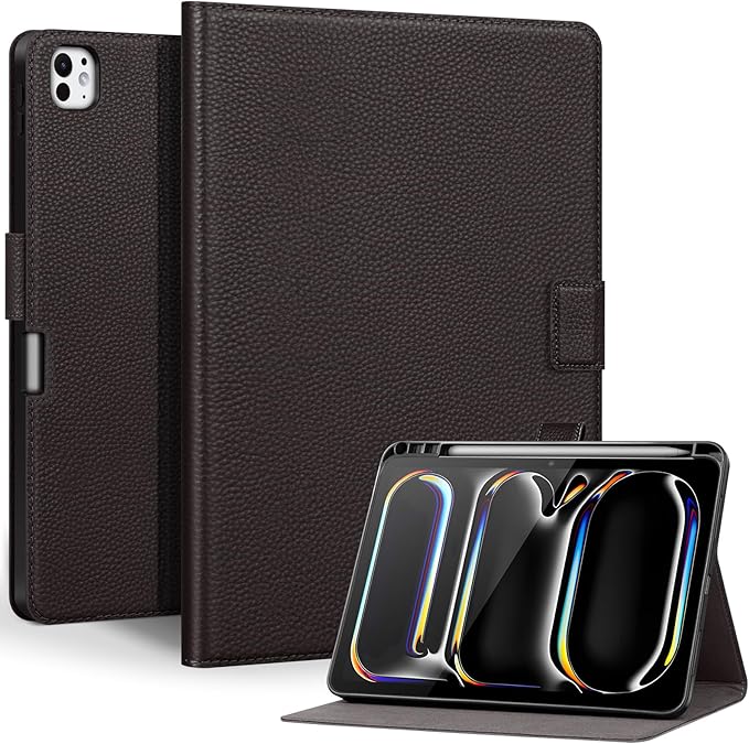Genuine Leather Case for iPad Pro 11 inch Case (M5) 2025 / (M4) 2024 | with Pencil Holder and Adjustable Stand, Magnetic Closure, Auto Wake/Sleep Cover | Dark Brown