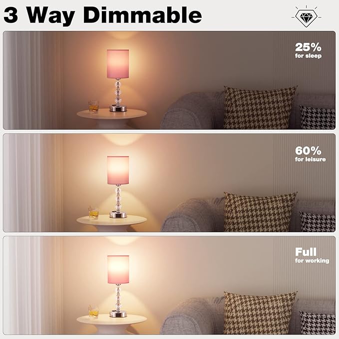 Pink Touch Bedside Lamps for Bedrooms - Crystal Table Lamp with USB C+A Charging Port and AC Outlet Nightstand, 3 Way Dimmable Silver Small End Side Table Lamp for Living/Guest/Dinning Room/Kitchen