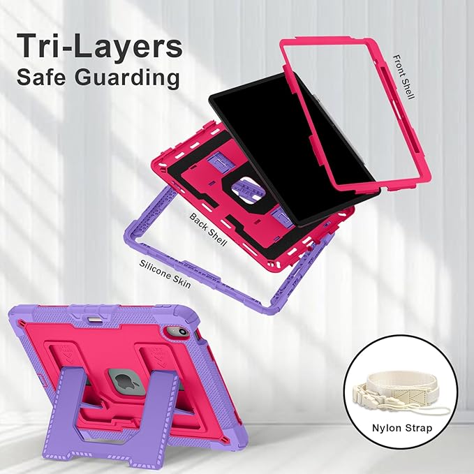 Kids Friendly Case for iPad Air 13 Inch M4 M3 M2 2026/2025/2024 Case with Pencil Holder & Shoulder Strap, Military Grade Shockproof Kickstand Hard Shell Protective Cover,Rose+Purple
