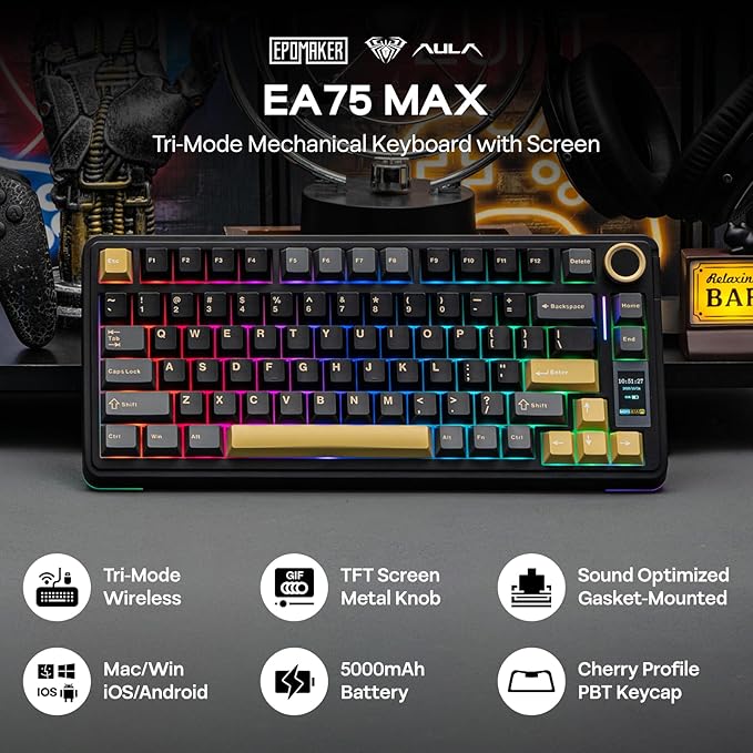 EPOMAKER X Aula EA75 MAX Wireless Gaming Keyboard with Screen & Knob, 5000mAh, Hot-Swap, Lubed Switches, RGB Backlit, Creamy Gasket, 75% Mechanical Keyboard (Black, Reaper Switch)
