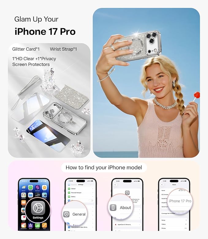 Meifigno Designed for iPhone 17 Pro Case 6.3", [Glitter Card & Wrist Strap][Compatible with MagSafe][1HD +1X Privacy Screen Protectors] Surround Raised Lens Protection for 17 Pro Case, Titanium Silver