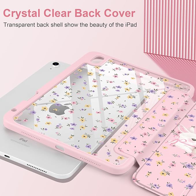 Case for iPad Air 13 inch 2026 M4 2025 M3 2024 M2 Release Slim Lightweight Shockproof Cute Light Pink Cover with Clear Back TPU Edge Pencil Holder Trifold Stand Auto Wake Sleep, White Rabbit