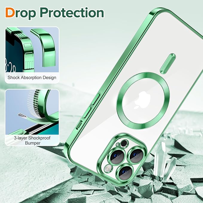 Hython Magnetic Clear for iPhone 13 Pro Max Case with Camera Lens Protector [Compatible with MagSafe] Plating Edge Slim Soft TPU Cover Protective Phone Case for iPhone 13 Pro Max 6.7", Light Green