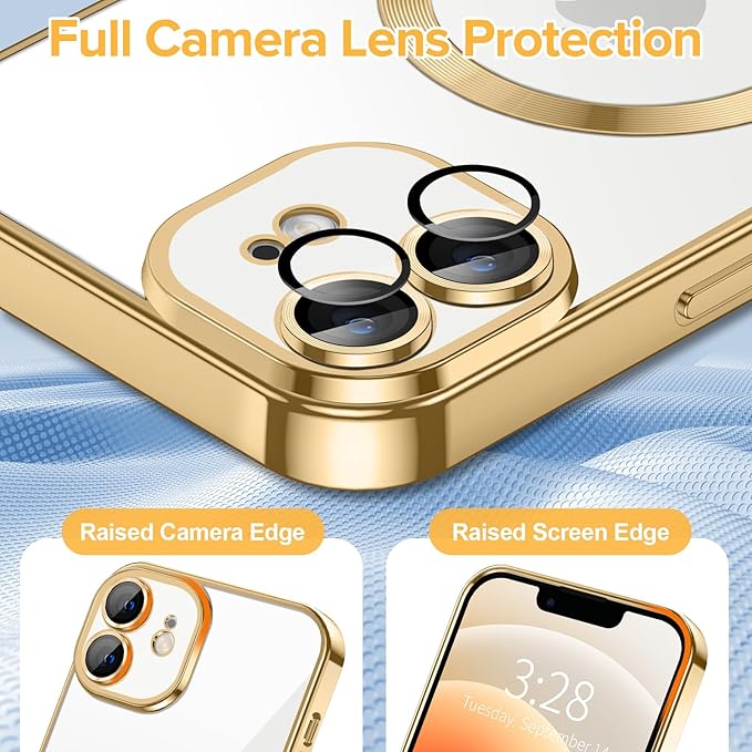 Hython Magnetic Clear for iPhone 12 Case with Camera Lens Protector [Compatible with MagSafe] Luxury Plating Edge Slim Soft TPU Cover Protective Phone Case for iPhone 12 6.1", Gold
