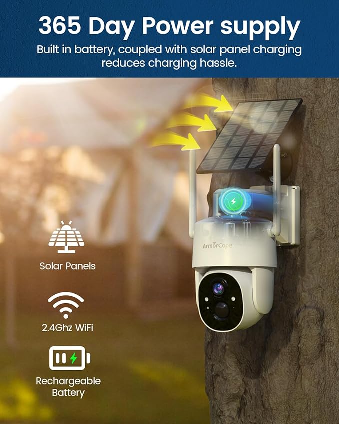 Armorcope Solar Security Cameras Wireless Outdoor,360° View Battery Powered with Spotlight Color Night Vision,2K WiFi Home Security,PIR Sensor,Wireless Easy Install, 2.4 GHz Wi-Fi
