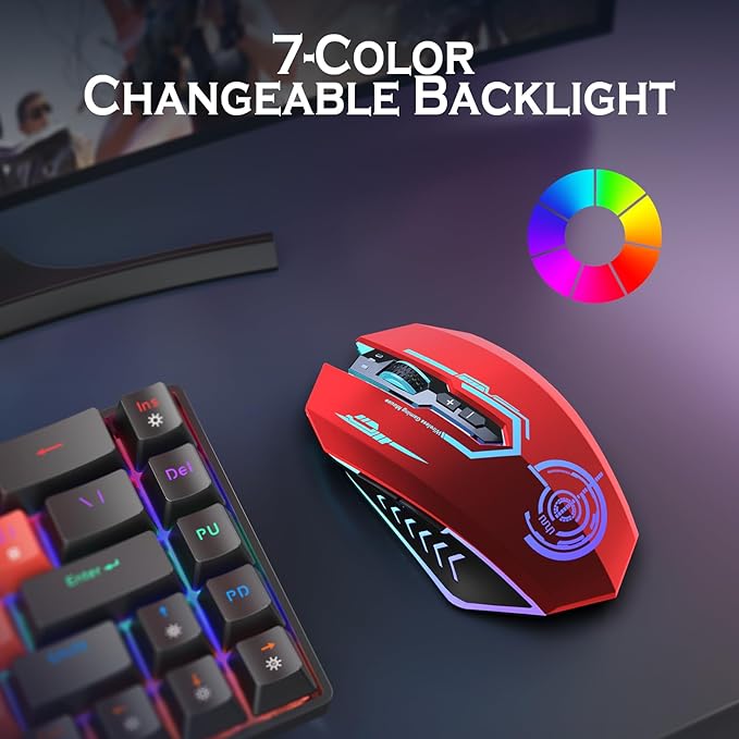 UHURU Gaming Mouse, Wireless Gaming Mouse with 7 Buttons 7 Changeable LED Color up to 12000 DPI, Rechargeable USB Gamer Mouse for PC Laptop (Red)