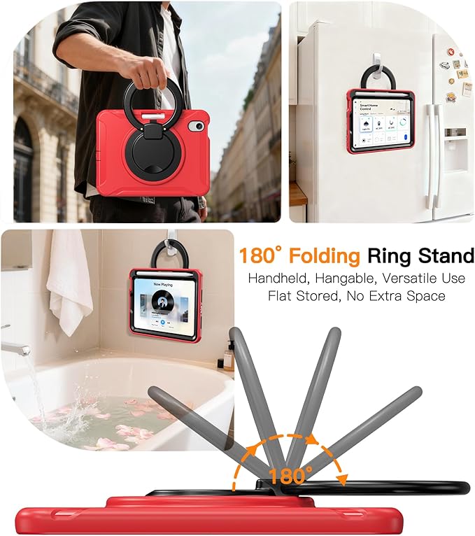 BATYUE Shockproof Case for iPad mini 7 (A17 Pro)/ Mini 6 8.3 inch (2024/2021) - 360° Multi-Angle Stand (Portrait & Landscape) & Grip, Built-in Pencil Holder, Red