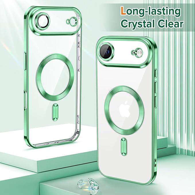 Hython Magnetic Clear for iPhone Air Case with Camera Lens Protector [Compatible with MagSafe] Luxury Plating Edge Slim Soft TPU Cover Protective Phone Case for iPhone Air 6.5", Light Green
