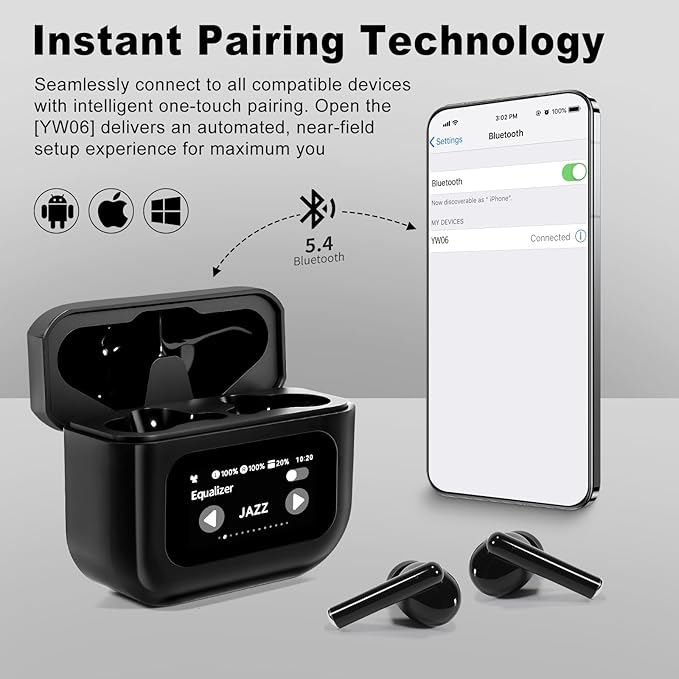 Wireless Earbuds, Bluetooth 5.4 Ear Buds with Touch Screen, ANC/ENC Noise Cancelling Earbuds with Charging Case, IPX7 Waterproof, 6 EQ Modes, 40H Playtime Stereo Sound Earphones for iOS Android(Black)
