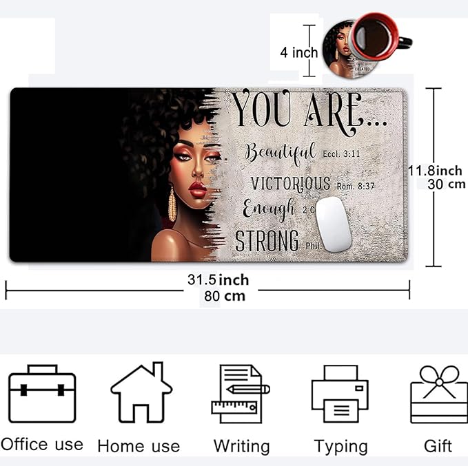 Large Mouse Pad, 31.5 x 11.8in Extended Gaming Mouse Pad with Stitched Edges, XXL Mousepad Protector Non Slip Rubber Base for Office & Home Writing Mat,African American Women Black Girl Black Desk Mat