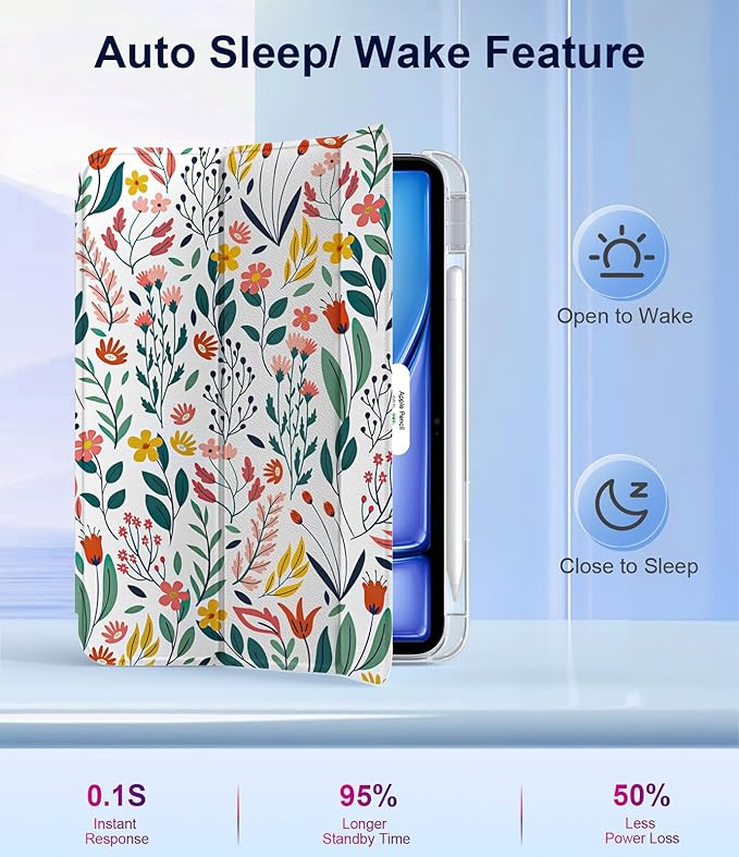 TiMOVO Case for iPad Air 11 Inch M4 2026/M3 2025/M2 2024, iPad Air 5th Generation 2022/4th Gen 2020 10.9 Inch with Pencil Holder, Stand Cover with Translucent Back, Auto Wake/Sleep, Flowers