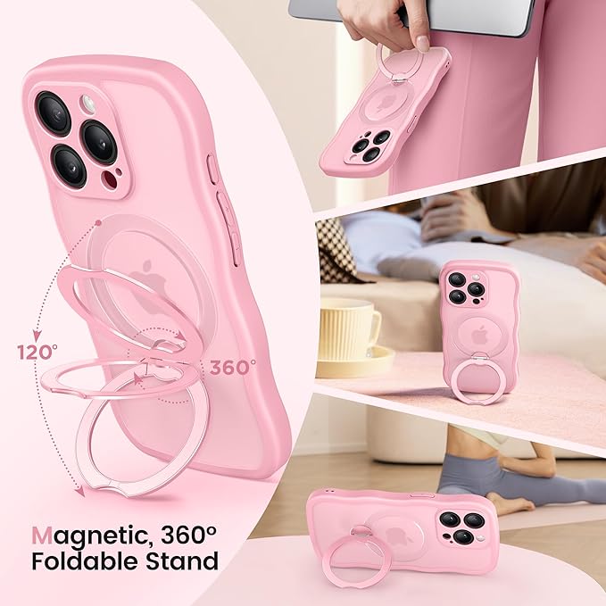 CAPRARO for iPhone 15 Pro Max Case with 360° Spin Magnetic Stand for Women, [Compatible with MagSafe] [Full Camera Protection] Cute Wave Translucent Matte Case for iPhone 15 Pro Max, Peach Pink