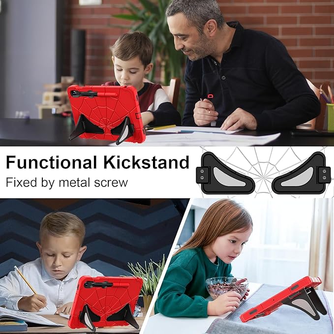 for Samsung Galaxy Tab S10 Lite 5G/ S10 FE/ S9 FE/ S9/ S8/ S7 Case (10.9''/11''), Shockproof Drop Protective Cute Cover for Kids Boys w/Pencil Holder Stand Carrying Shoulder Strap, Red Black