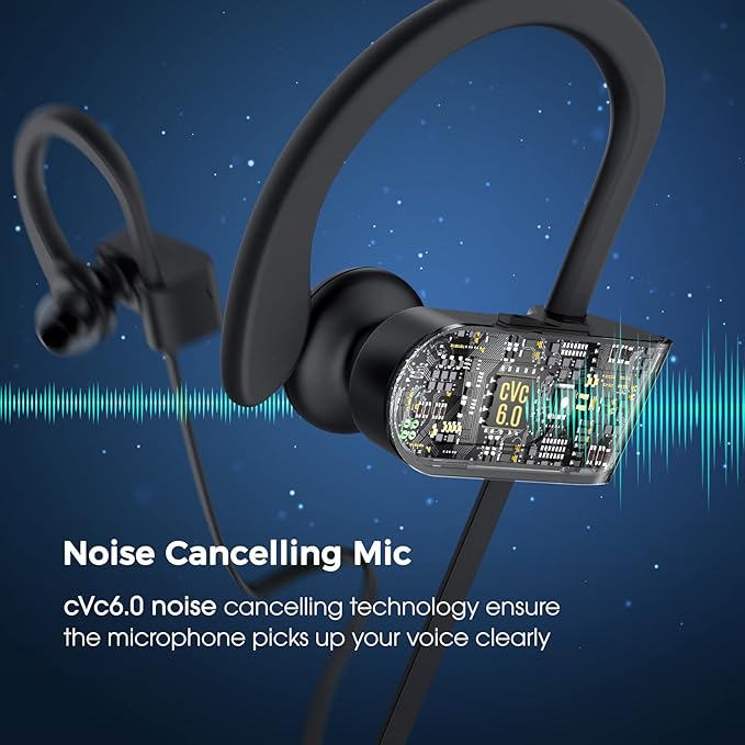 Sport Bluetooth Headphones with Microphone, 16H Deep Bass Running Headphones Wireless, IPX7 Waterproof Wireless Earbuds with Ear Hooks, CVC 6.0 Noise Cancelling Earbuds for Calls, 2-Pack