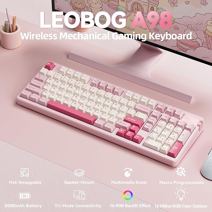 LEOBOG A98 Wireless Mechanical Keyboard, Tri-Mode BT5.0/2.4GHz/USB-C, Creamy Keyboard with Number Pad, Gasket Structure Hot Swappable, PBT Keycaps, RGB Backlit Pink Gaming Keyboard with Knob for PC