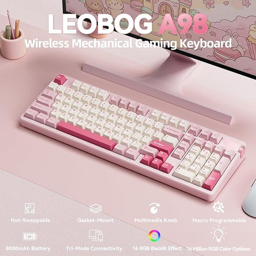 LEOBOG A98 Wireless Mechanical Keyboard, Tri-Mode BT5.0/2.4GHz/USB-C, Creamy Keyboard with Number Pad, Gasket Structure Hot Swappable, PBT Keycaps, RGB Backlit Pink Gaming Keyboard with Knob for PC