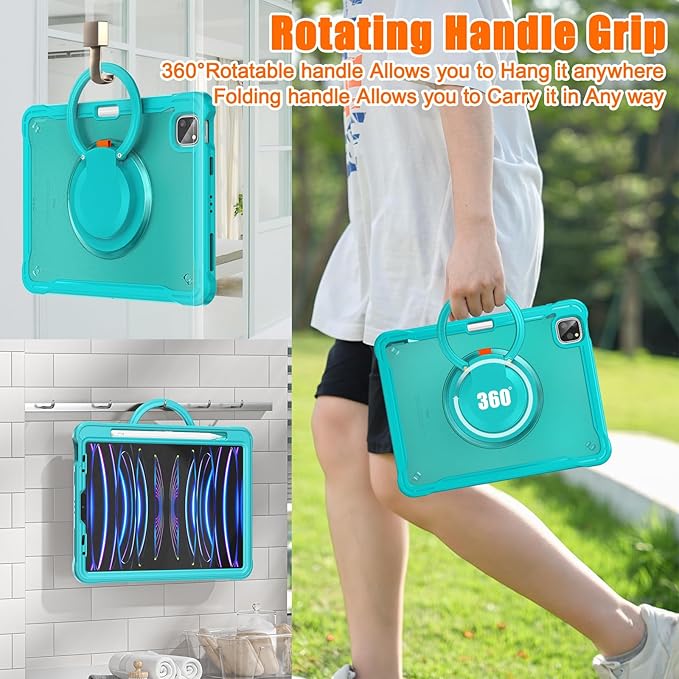 Batianda Ultimate Protective Case for iPad Pro 11-inch 2022 4th M2 Chip /2021 (3rd Generation) Rugged Shockproof Tablet Cover with 360° Rotatable Kickstand & Shoulder Strap & Pencil Holder, Blue