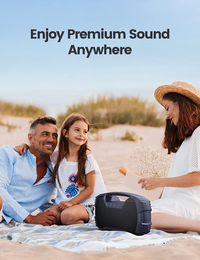 IPX7 Waterproof Outdoor Bluetooth Speaker, Wireless, 90W(Peak), 32H Playtime, Floating Design, Deep Bass & Loud Stereo Sound, Portable with Handle, Rugged for Pool, Beach, Kayaking, Hiking, Navy Blue