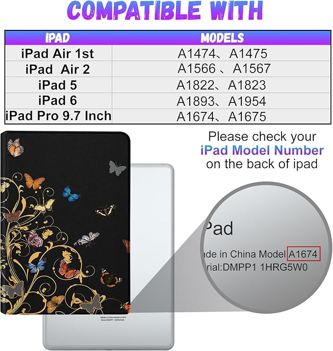Uppuppy iPad Case for 5th/6th Gen, Air 1st/2nd Gen, Pro 9.7 Inch - Cute Black Butterfly Design Folio Cover for Kids, Women, Girls