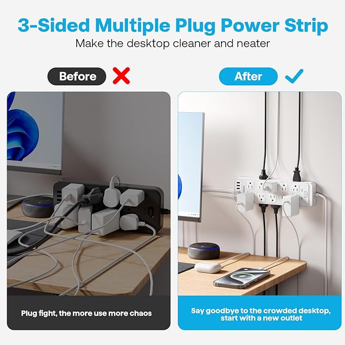 Power Strip Surge Protector Flat Plug with 20 AC Outlets 6 USB Chagring Ports, 1875W/15A, 2700J, 15 Ft Heavy Duty Extension Cord for Home, Office, Dorm, Gaming,ETL Listed (White, 15Feet)