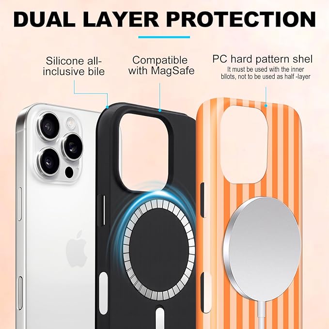 Magnetic for iPhone 15 Case Cute Stripes Phone Case, Shockproof Slim TPU and Hard PC Protective Phone Cover Compatible with MagSafe Designed for Women Girls, Orange