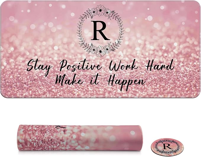 Pink Large Gaming Mouse Pad with Coaster, Desk Mat, Mouse Pad for Computer Keyboard Laptop Office Decor, Stitched Edges Extended Mousepad, 31.5'' x15.6''-Letter R
