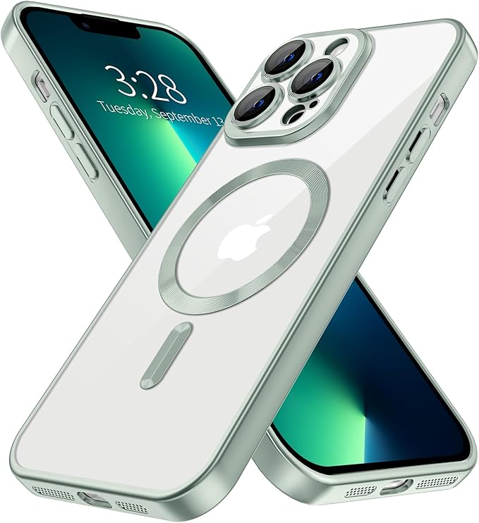 Hython Magnetic Clear for iPhone 13 Pro Case with Camera Lens Protector [Compatible with MagSafe] Luxury Plating Edge Slim Soft TPU Cover Protective Phone Case for iPhone 13 Pro 6.1", Matte Mint