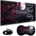 Ergonomic Full Moon Cherry Blossom Extended Mouse Pad 31.5" x 11.8" Set, with Wrist Rest & Lace Coasters, Pain Relief Design, Non-Slip Desk Mat for Home & Gaming