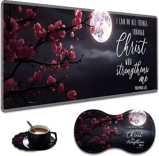 Ergonomic Full Moon Cherry Blossom Extended Mouse Pad 31.5" x 11.8" Set, with Wrist Rest & Lace Coasters, Pain Relief Design, Non-Slip Desk Mat for Home & Gaming