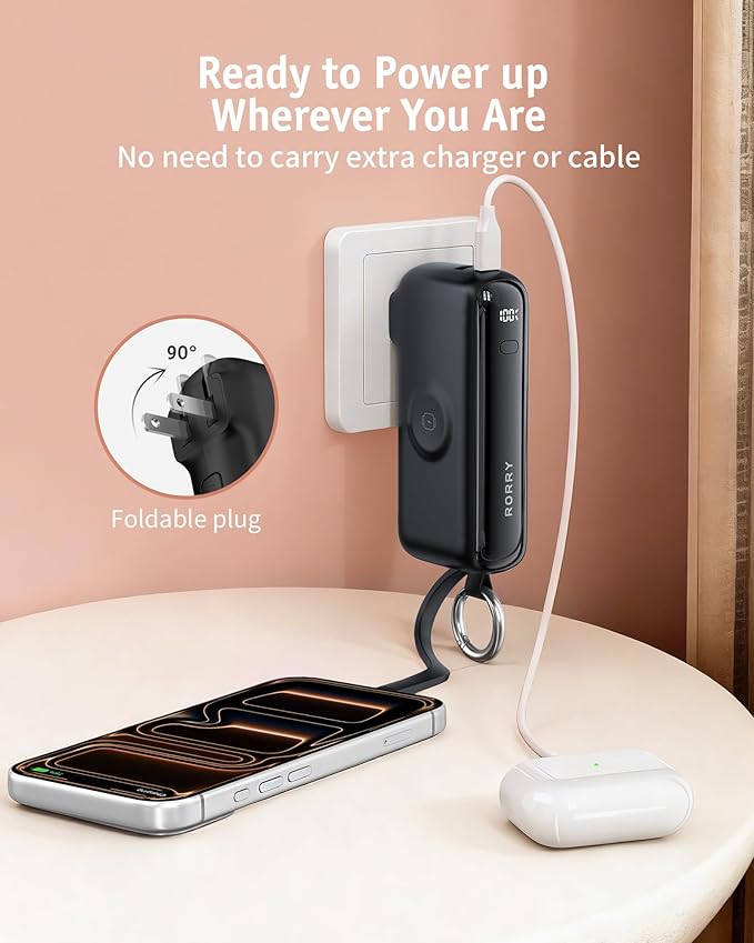 RORRY Flow Portable Charger, 10000mAh 40W Fast Charging Power Bank with Built-in USB C Cable and Foldable Wall Plug, Battery Pack Travel Essentials for iPhone 17/16/15, Apple Watch, iPad, MacBook